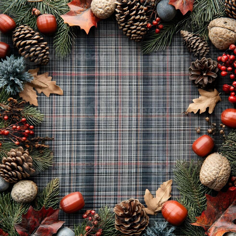 Autumnal Wreath with Pine Cones Nuts and Leaves on Plaid Background photo