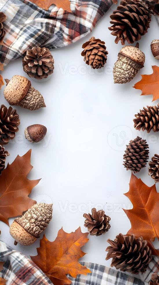 Autumn Background with Pine Cones Acorns Plaid Fabric and Fall Leaves photo