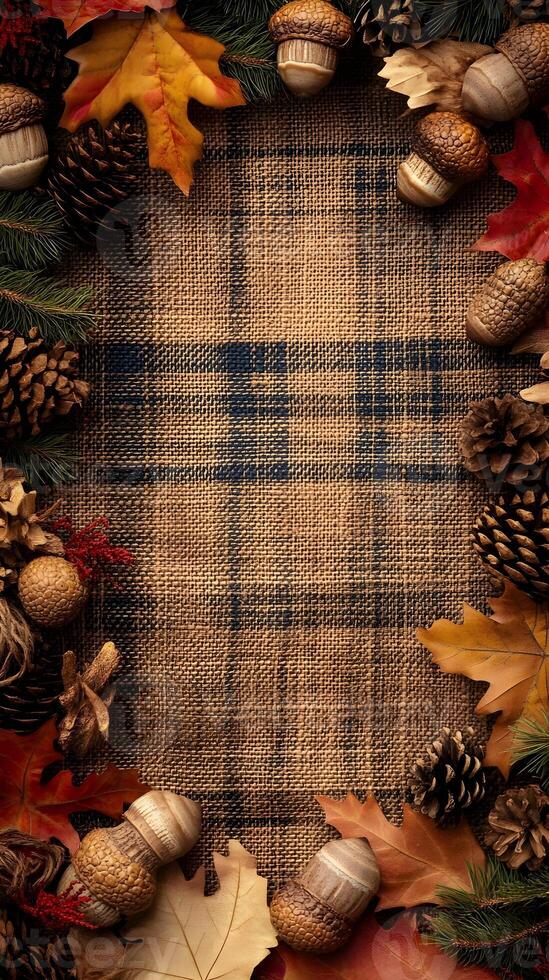 Autumn Leaves Acorns Pine Cones and Burlap Background photo