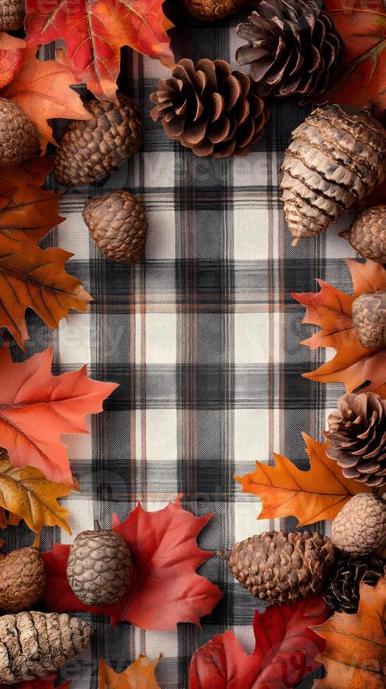 Autumn Leaves Pinecones and Acorns on Plaid Fabric photo