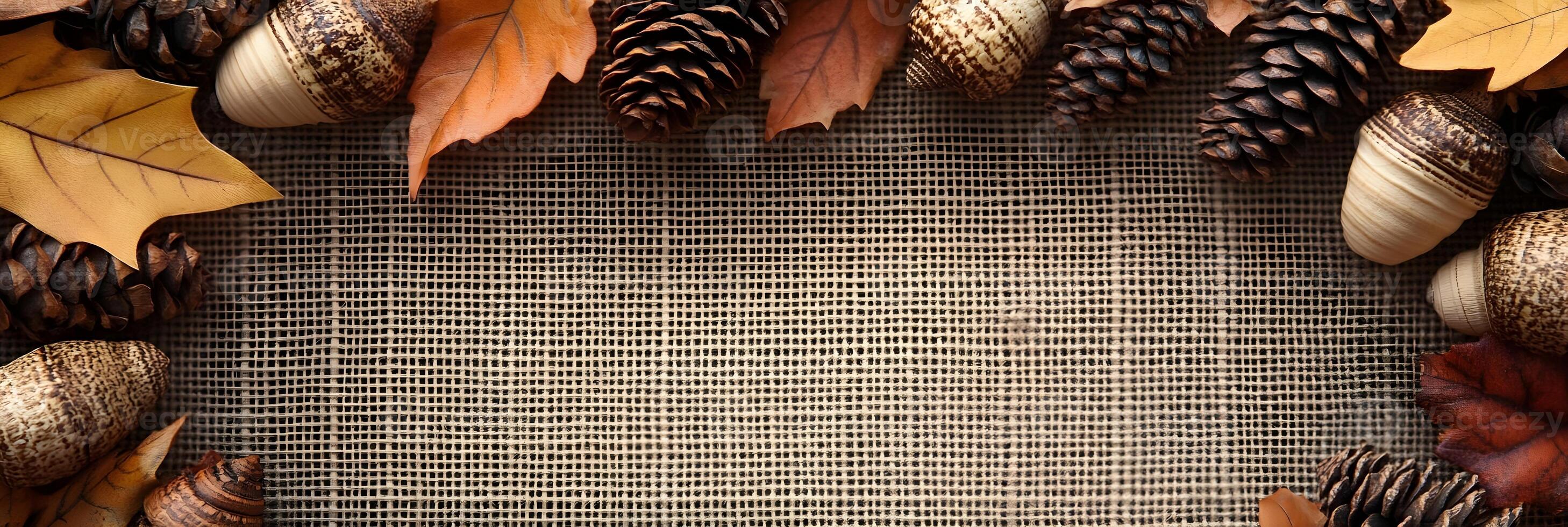 Autumn Leaves and Pine Cones on Burlap Background photo