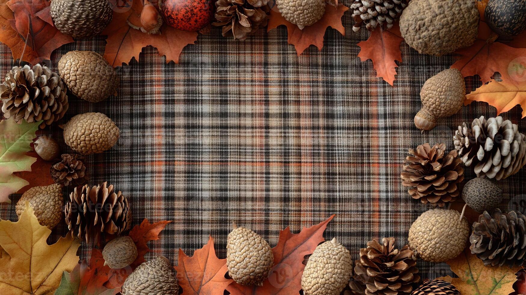 Autumnal Background with Pinecones Acorns and Maple Leaves photo