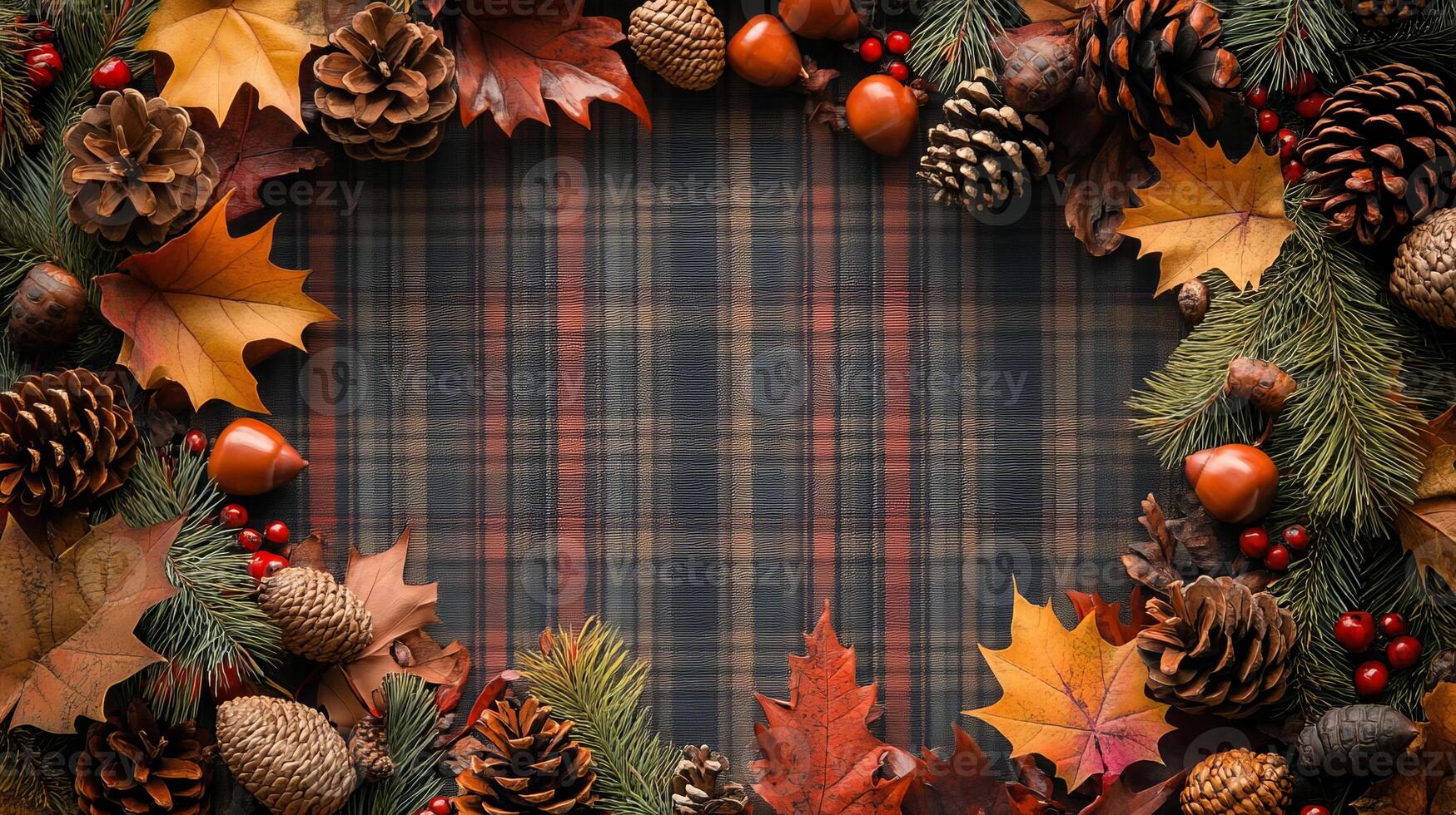 Autumn Leaves Pine Cones and Berries on Plaid Background photo