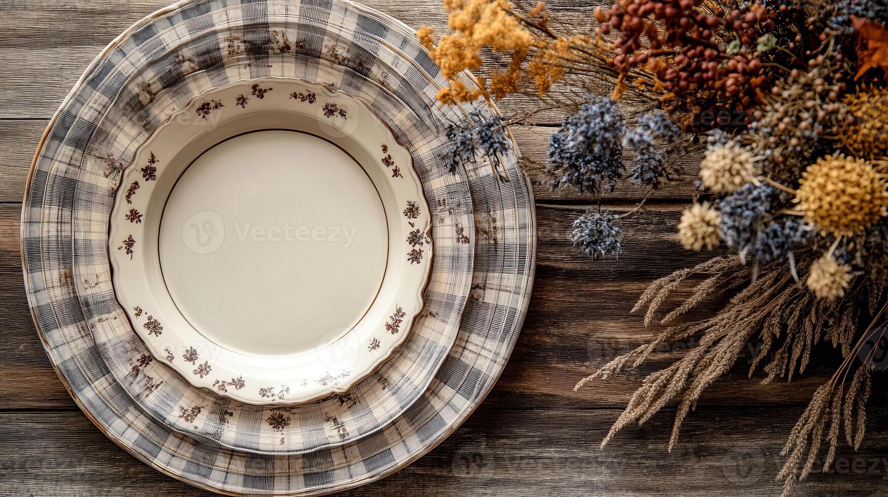 Rustic Table Setting with Checkered Plates and Dried Flowers photo