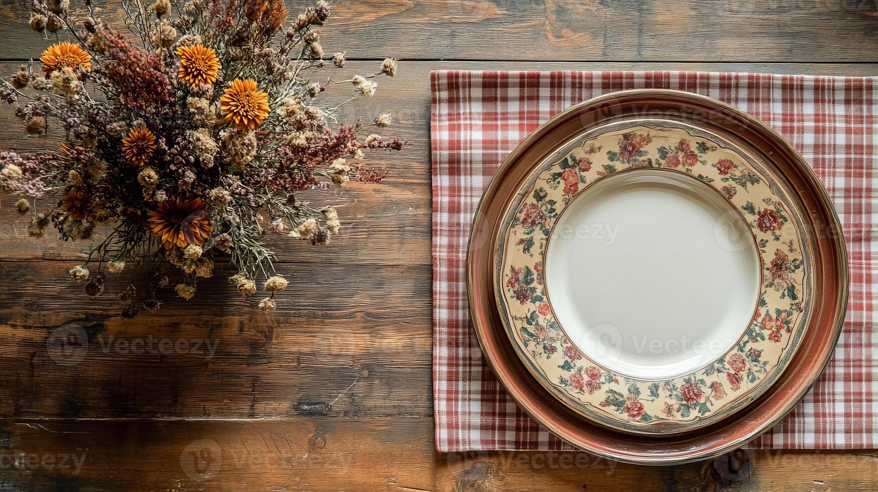 Rustic Table Setting with Dried Flowers and Floral Plates photo