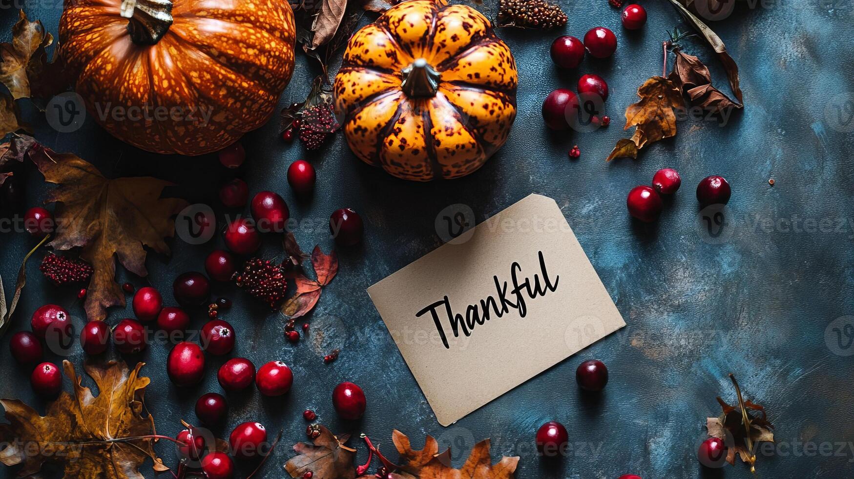 Autumnal Thanksgiving Table Setting with Pumpkins Cranberries and Thankful Note photo