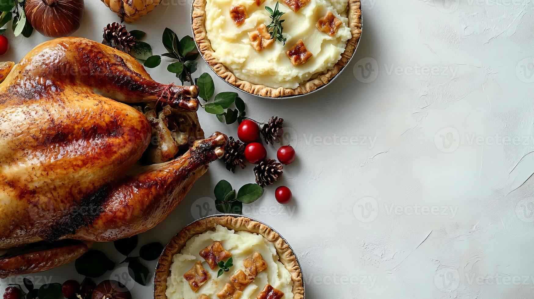 Thanksgiving Dinner Roasted Turkey Mashed Potato Pies White Background photo