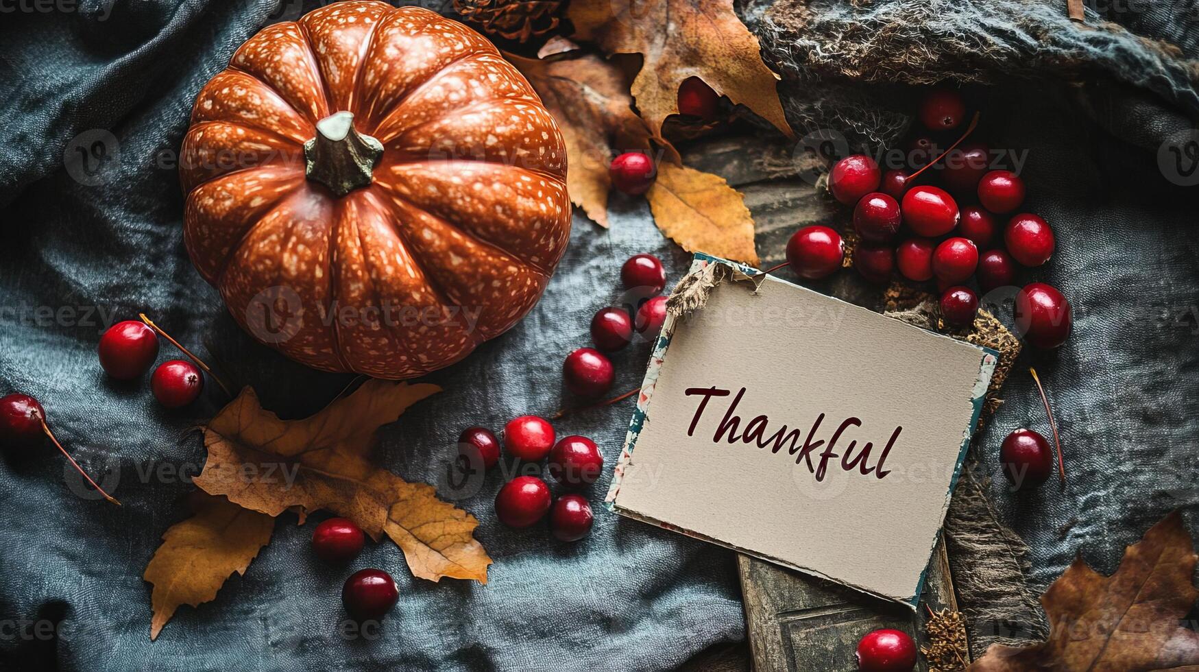 Autumn Still Life with Pumpkin Cranberries and Thankful Note photo
