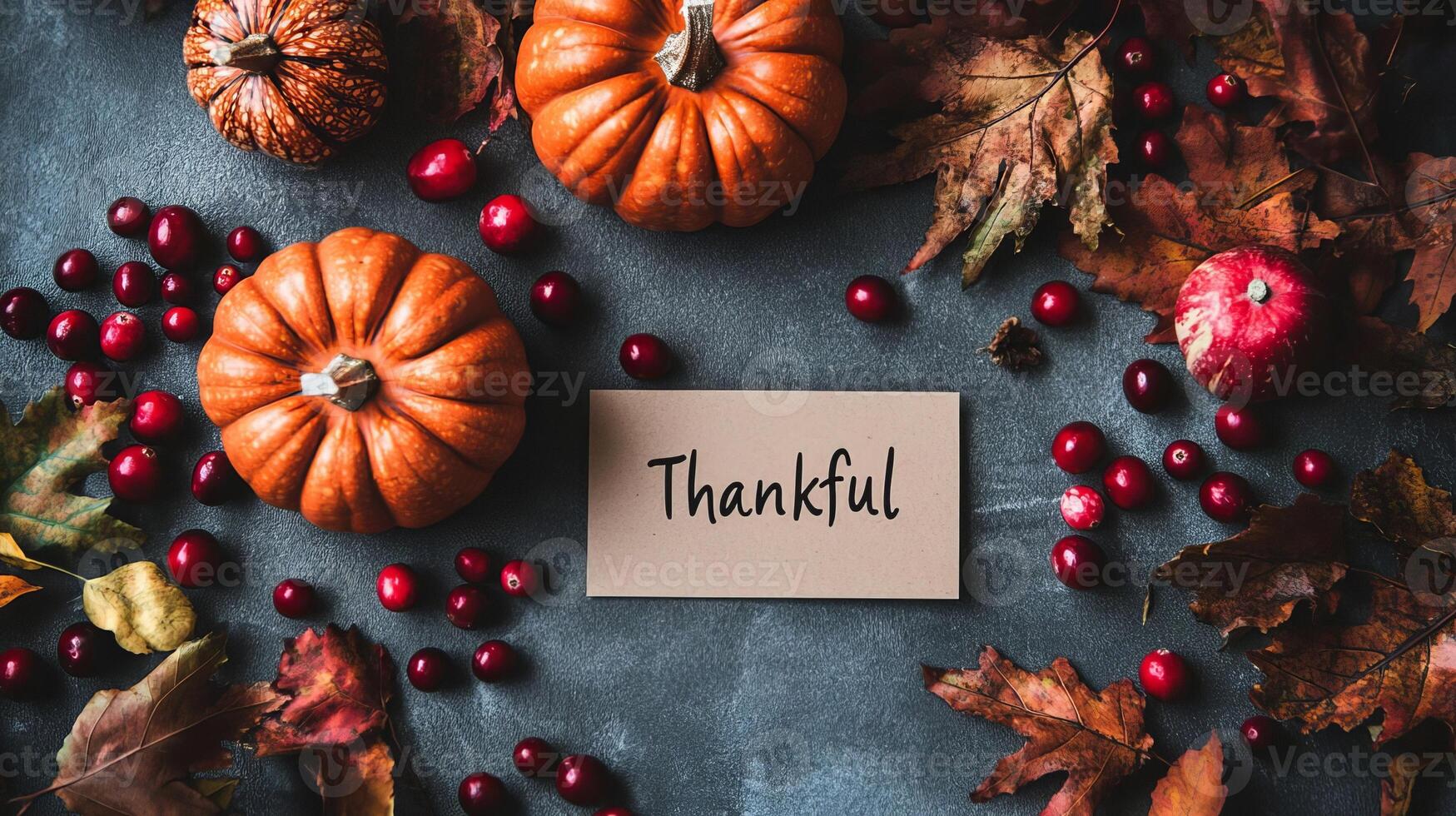 Thanksgiving Autumn Flat Lay with Pumpkins Cranberries and Leaves photo