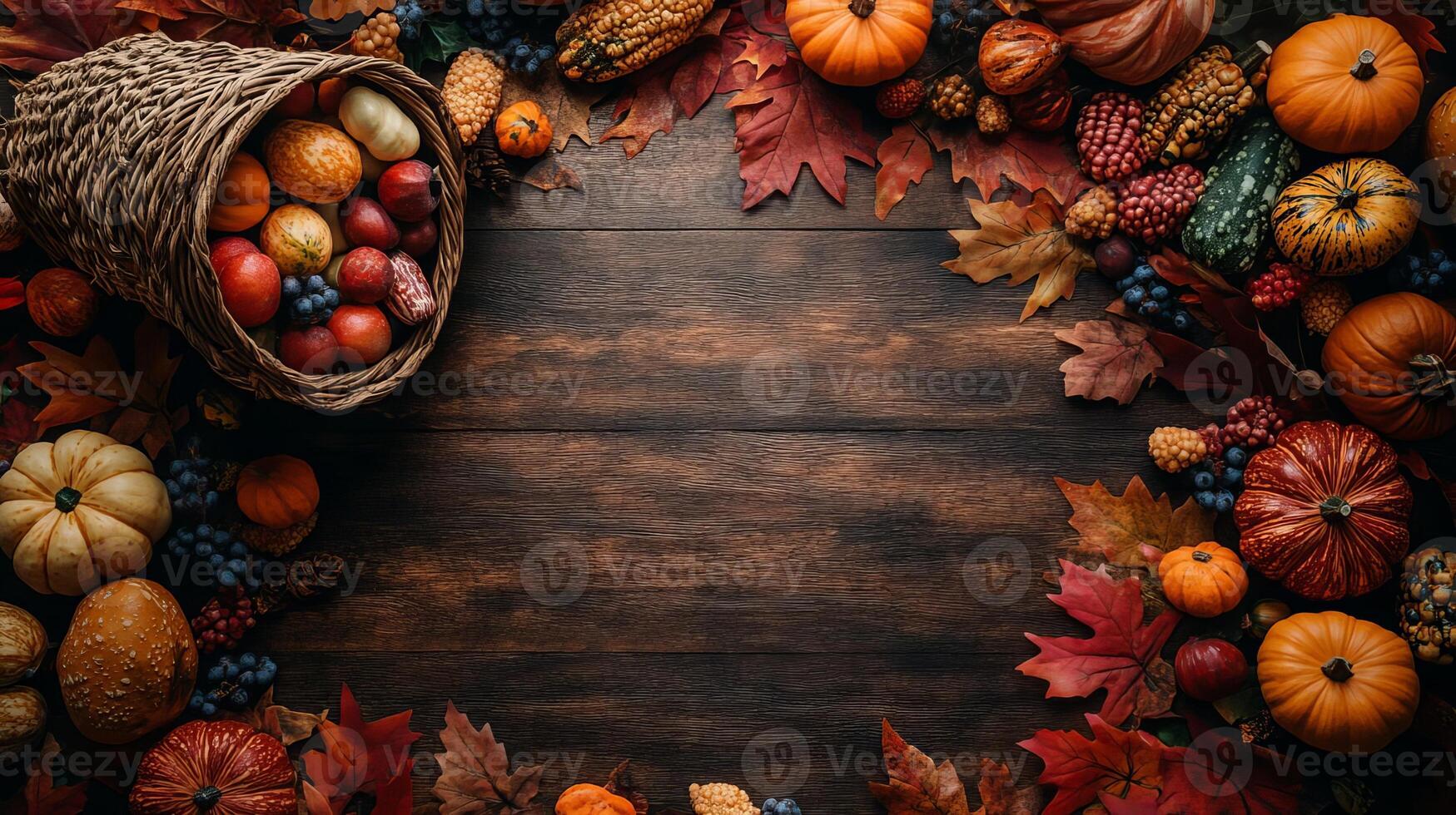 Autumn Harvest Thanksgiving Table Setting With Pumpkins Gourds and Fall Leaves photo