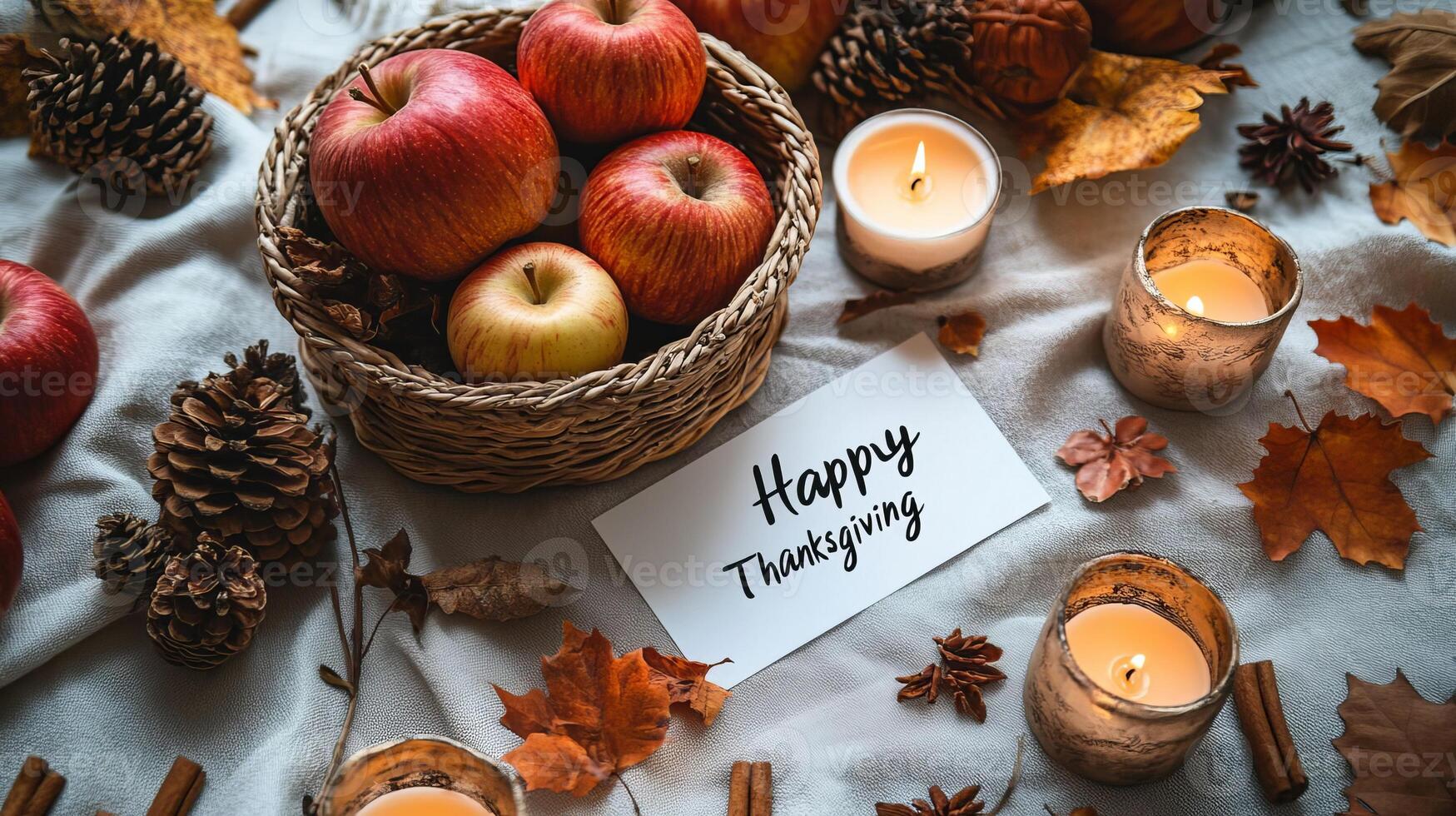 Happy Thanksgiving Table Setting with Apples Candles and Fall Decor photo