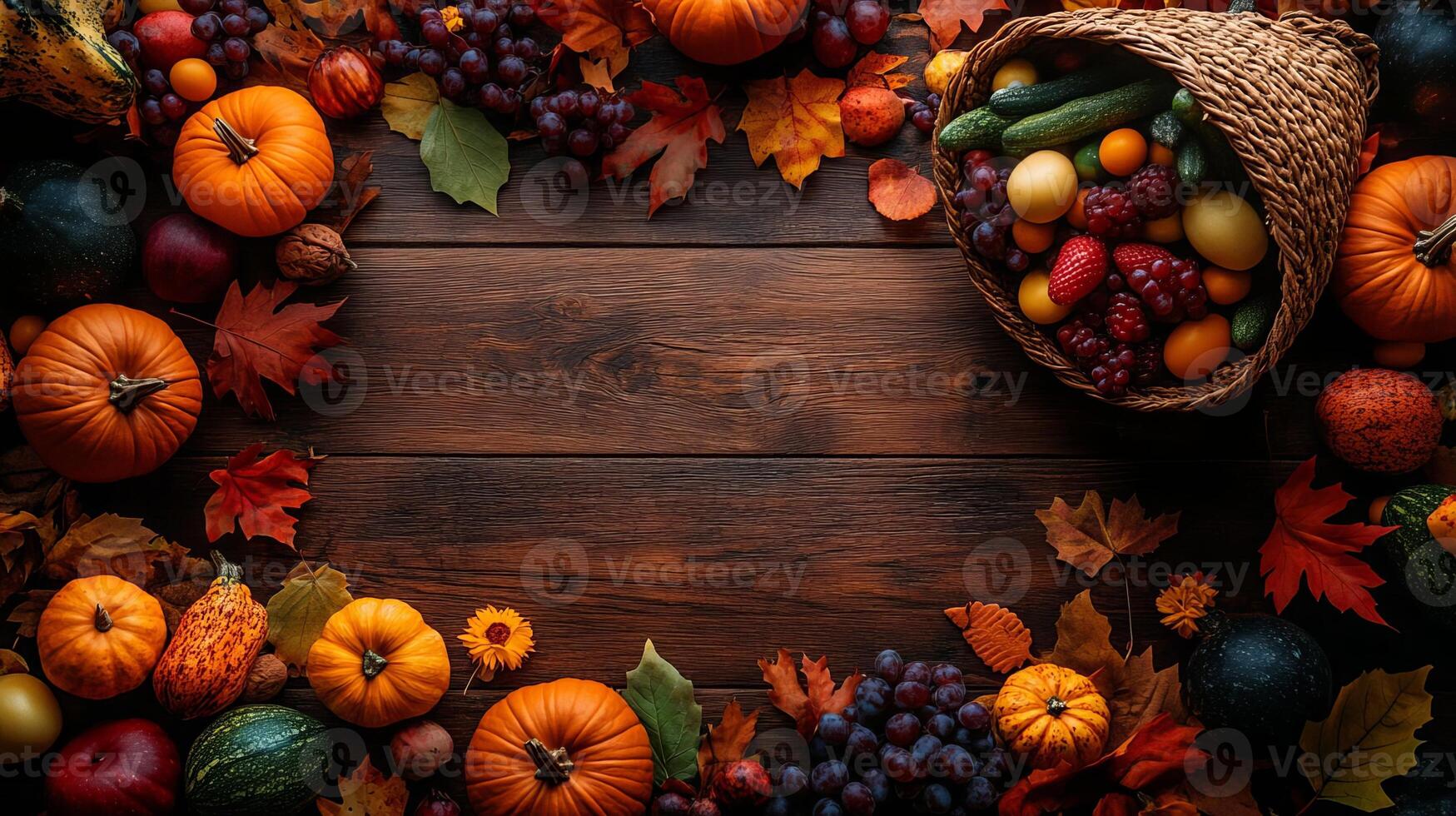 Thanksgiving Fall Harvest Table Top Still Life with Pumpkins Grapes and Cornucopia photo