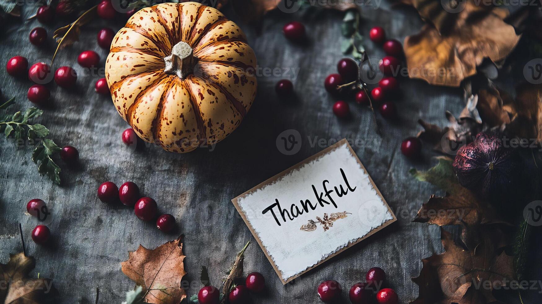 Autumn Pumpkin Red Berries and Thankful Sign photo