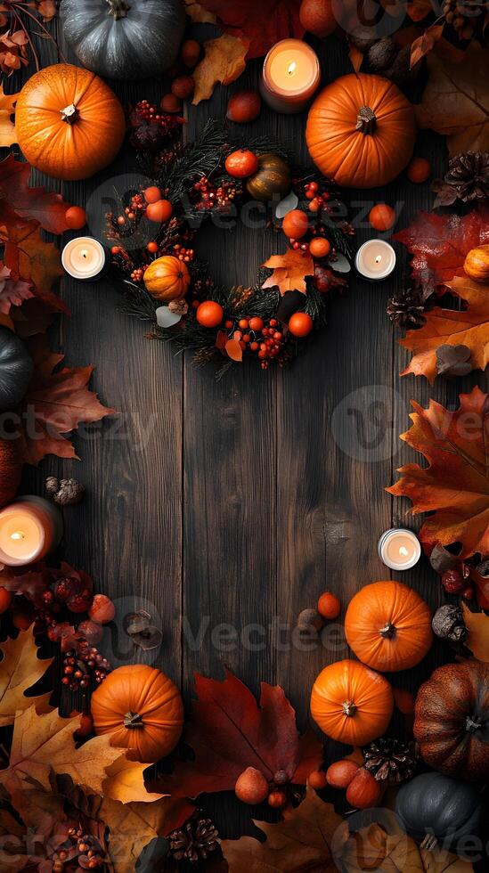 Autumnal Fall Harvest Pumpkins Leaves Candles Wood Background photo