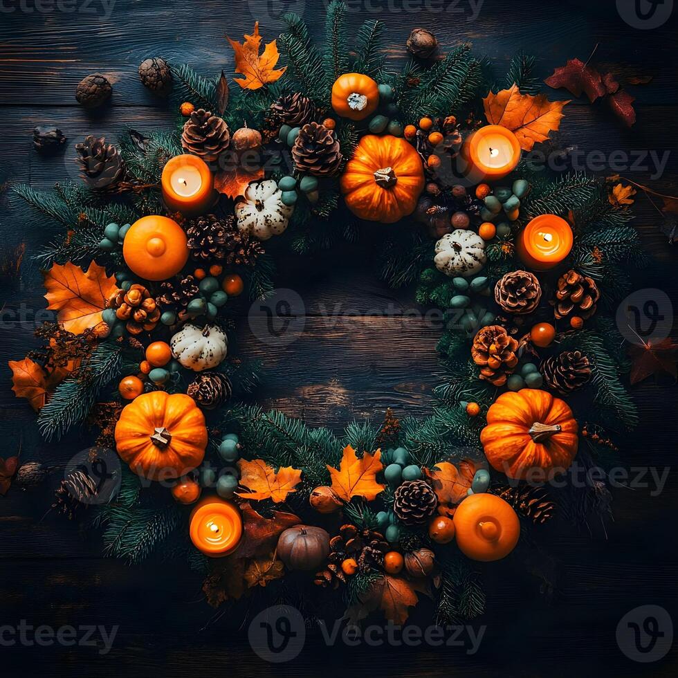 Autumnal Wreath with Pumpkins Candles Pine Cones and Fall Leaves on Rustic Wood Background photo