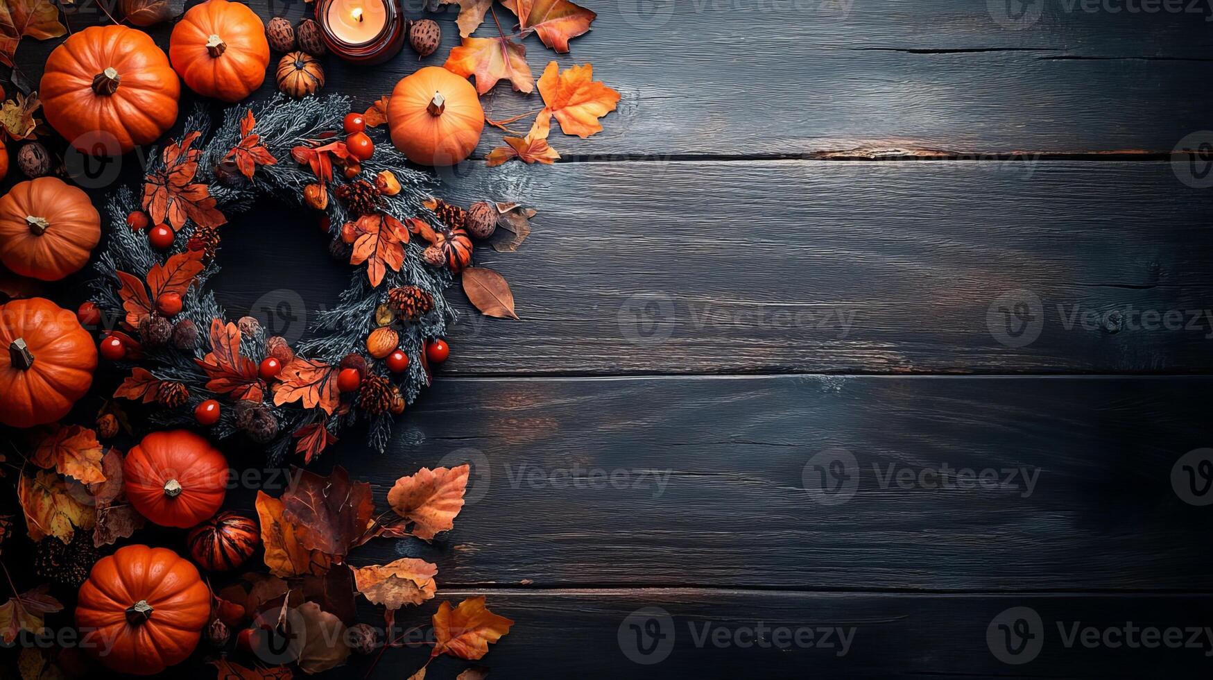 Autumn Wreath with Pumpkins Leaves and Candle on Rustic Wooden Background photo