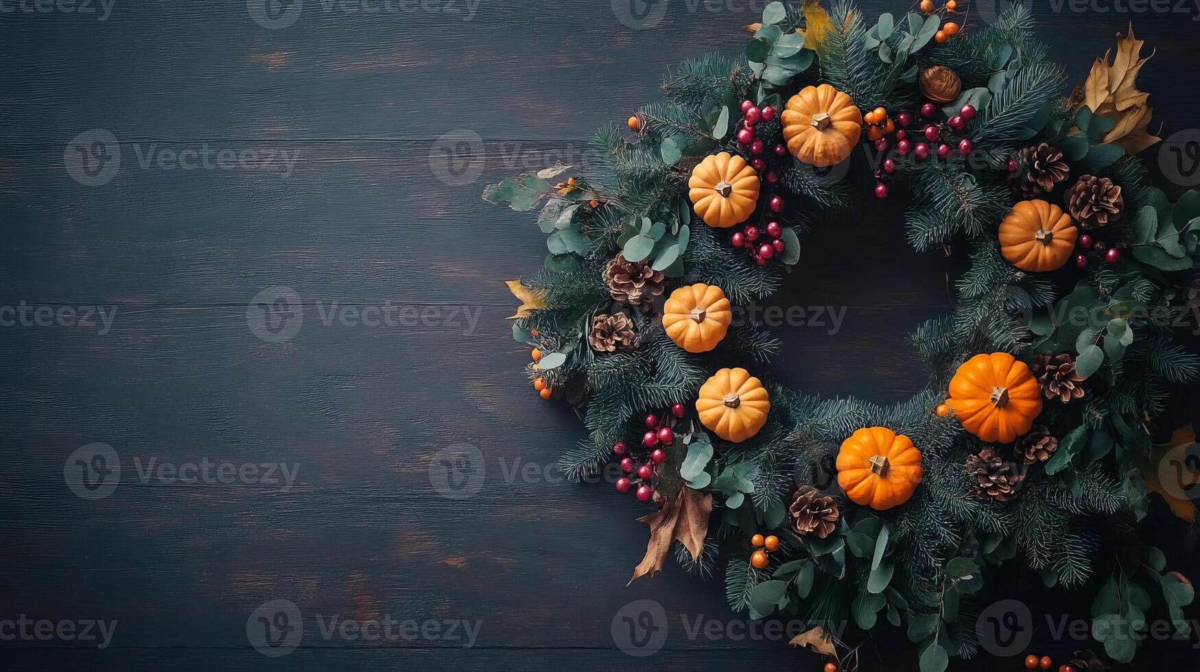 Autumn Wreath with Pumpkins Pine Cones and Berries on Dark Wood Background photo