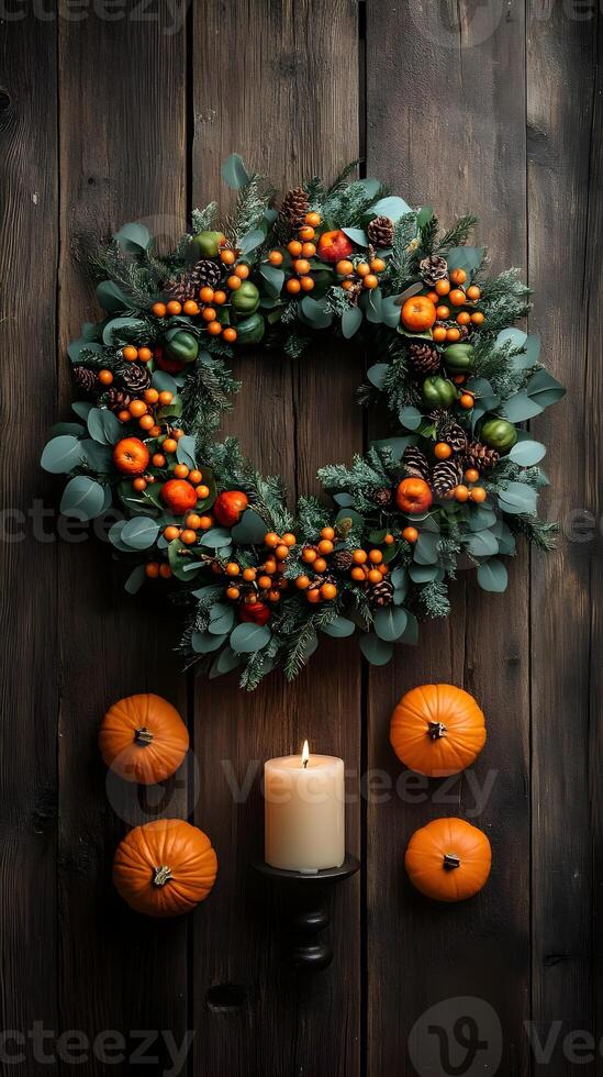 Fall Wreath with Pumpkins and Candle on Rustic Wood Background photo