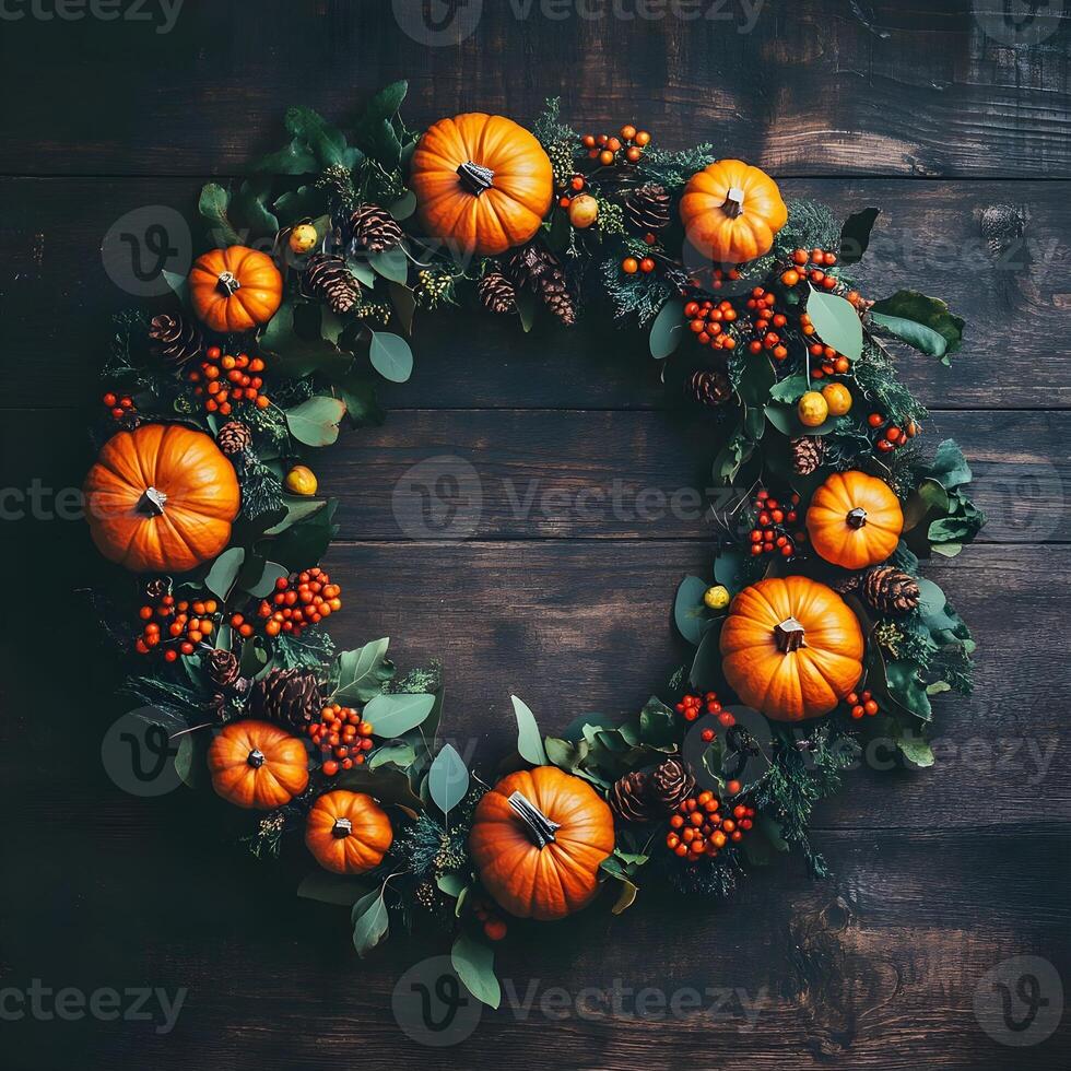 Autumn Wreath with Pumpkins Pine Cones and Berries on Rustic Wood Background photo