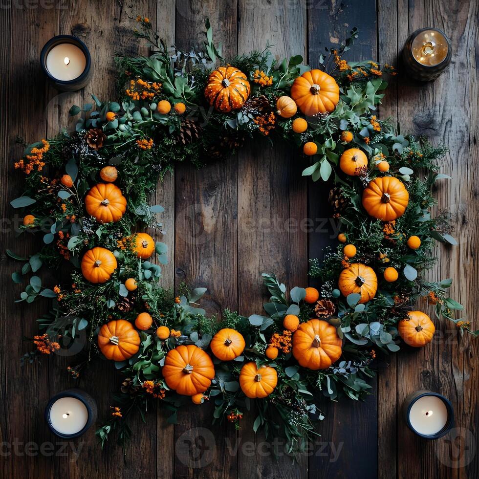 Autumn Wreath with Pumpkins Candles and Eucalyptus on Rustic Wood Background photo
