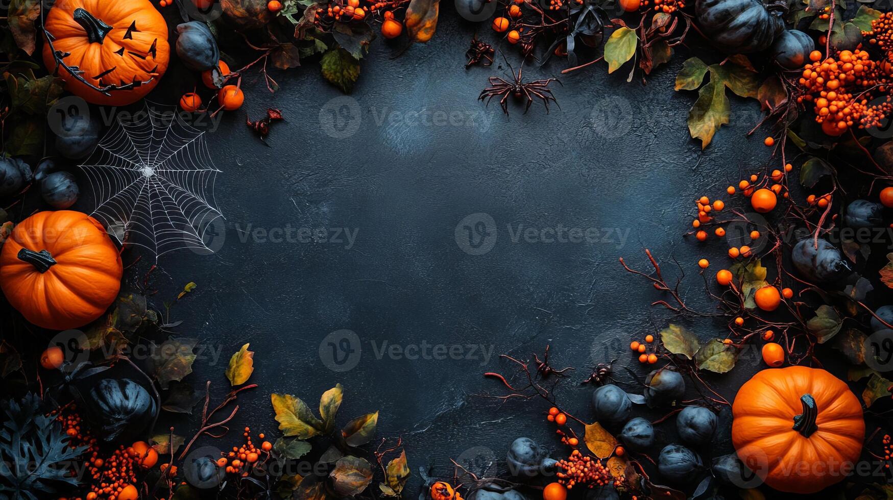 Halloween Pumpkin and Spider Web Frame on Black Background photo
