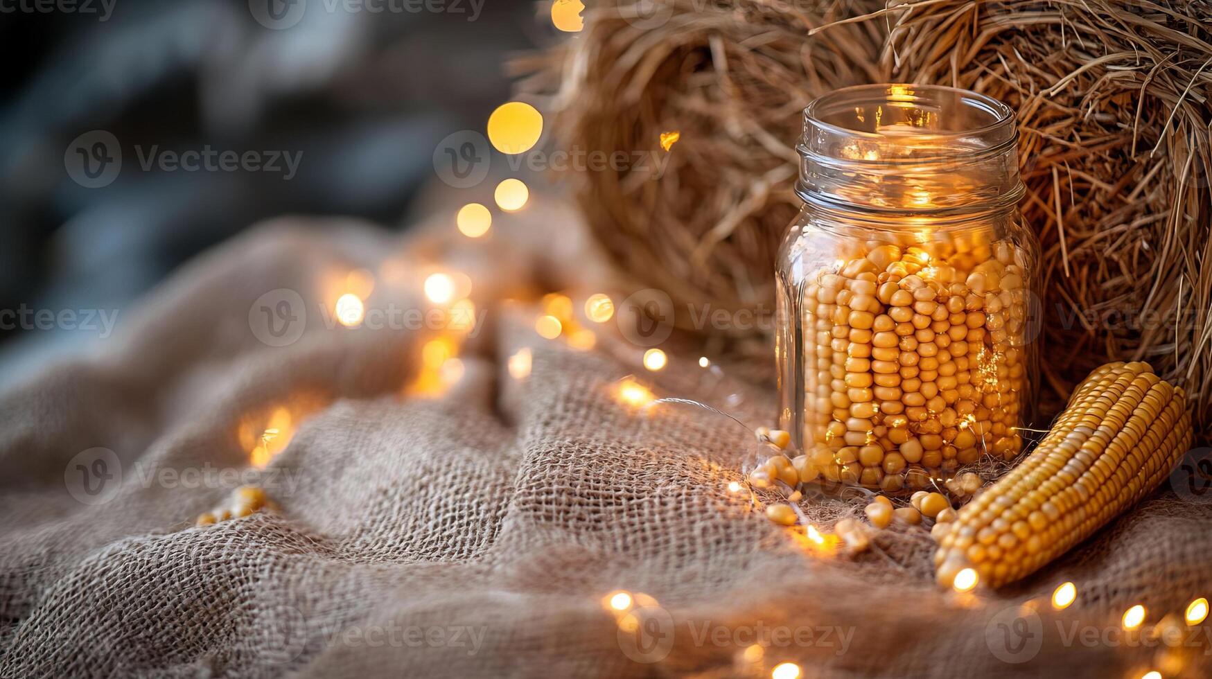 Golden Corn Kernels in Jar with Rustic Burlap and Twinkle Lights photo