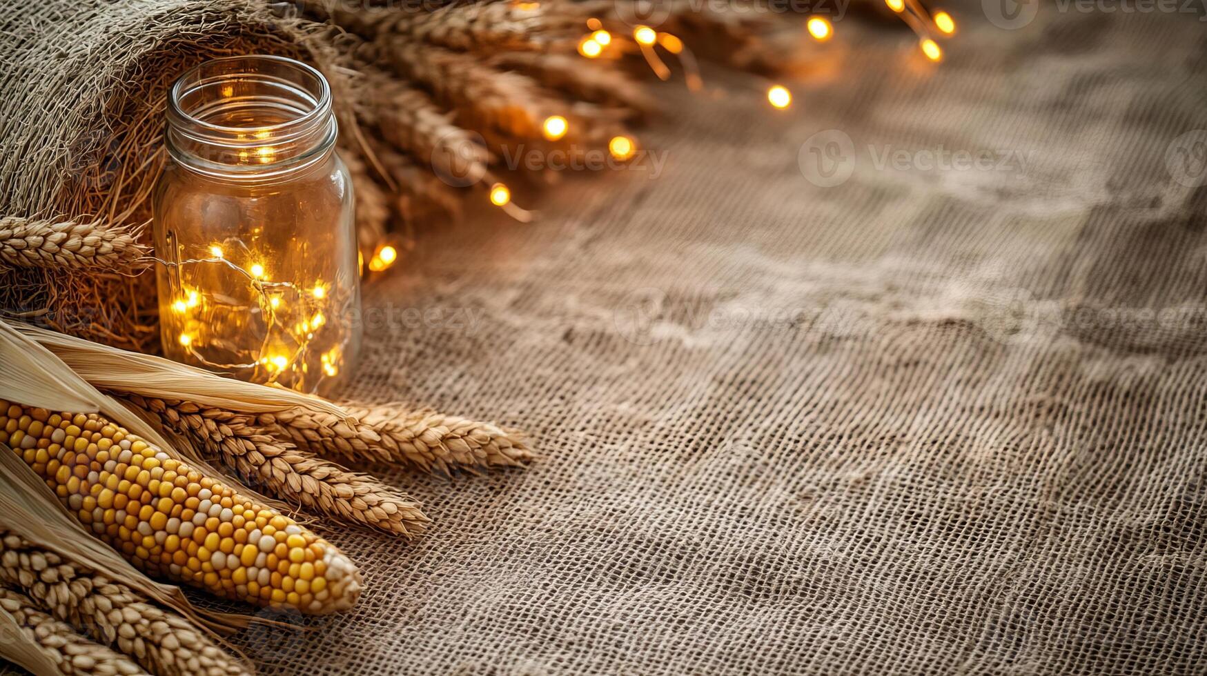 Rustic Fall Background with Burlap Corn Wheat and Lights photo