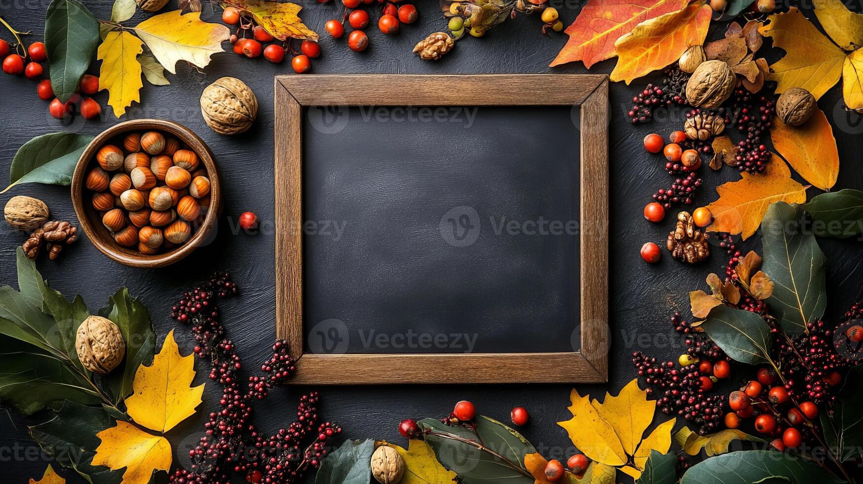 Autumn Leaves and Nuts with Empty Blackboard for Text photo