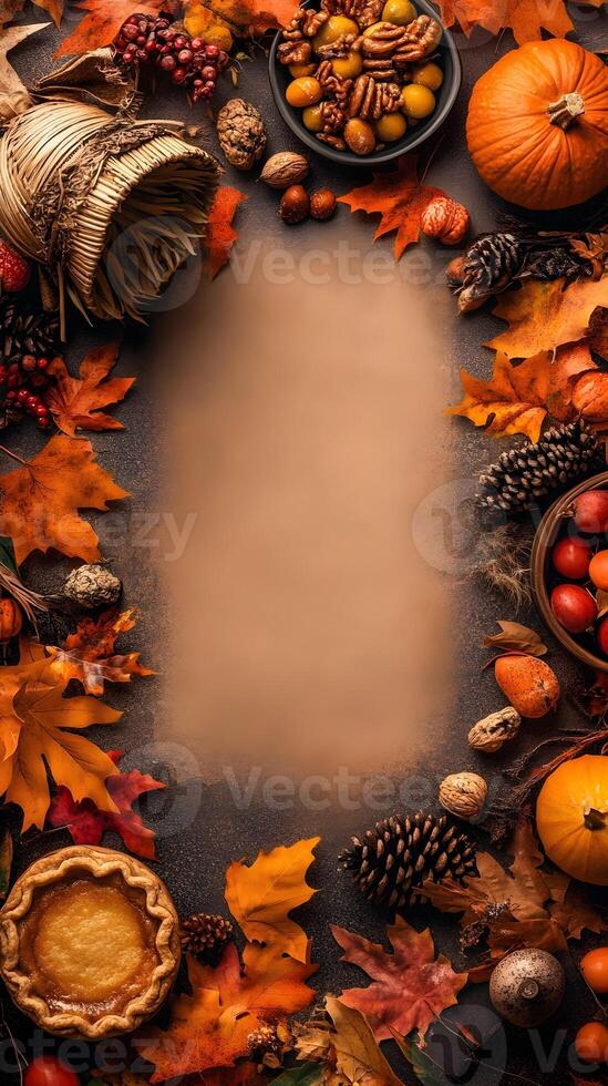 Autumnal Food Frame with Pumpkin Pie Nuts and Leaves photo