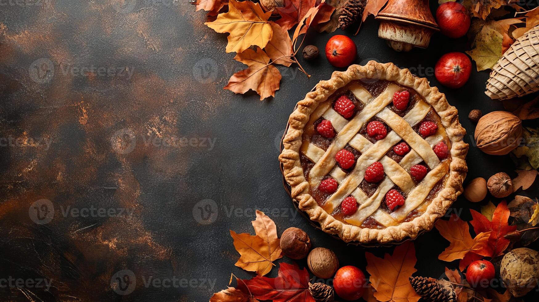 Autumn Raspberry Pie with Fall Leaves and Nuts photo