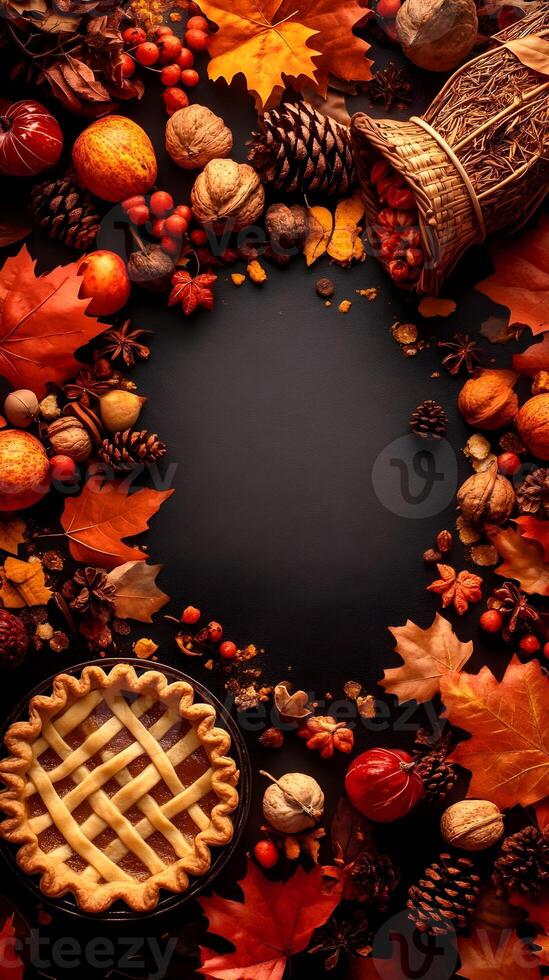 Autumn Harvest Thanksgiving Pie with Fall Leaves and Nuts photo