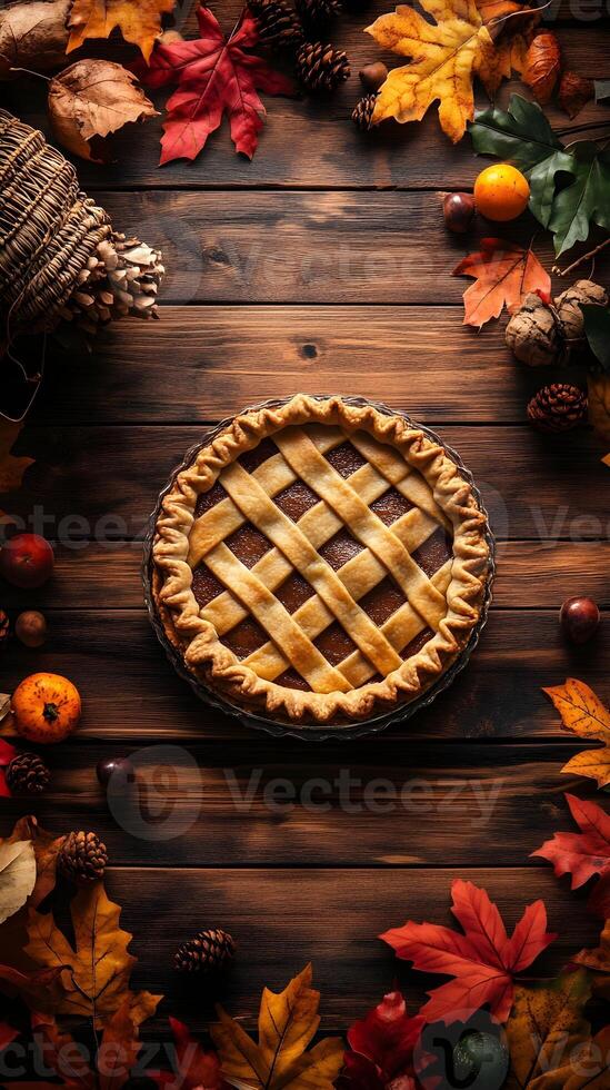 Autumn Leaves and a Delicious Homemade Pie on Wooden Table Background photo