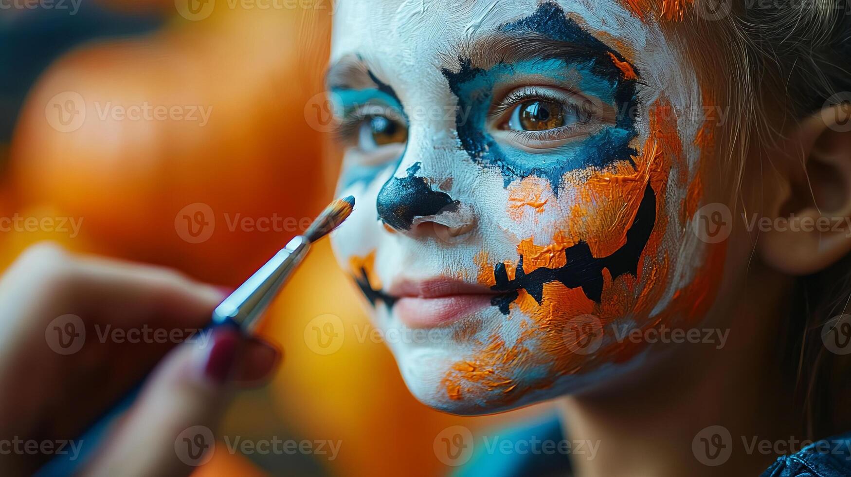 Girl with Pumpkin Face Paint for Halloween photo