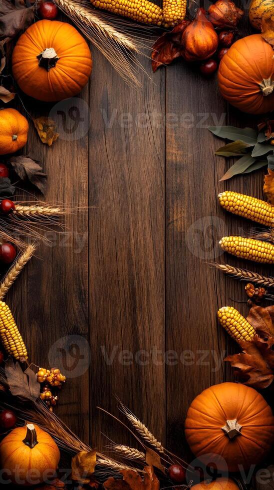 Autumnal Thanksgiving Background with Pumpkins Corn and Wheat on Rustic Wooden Surface photo