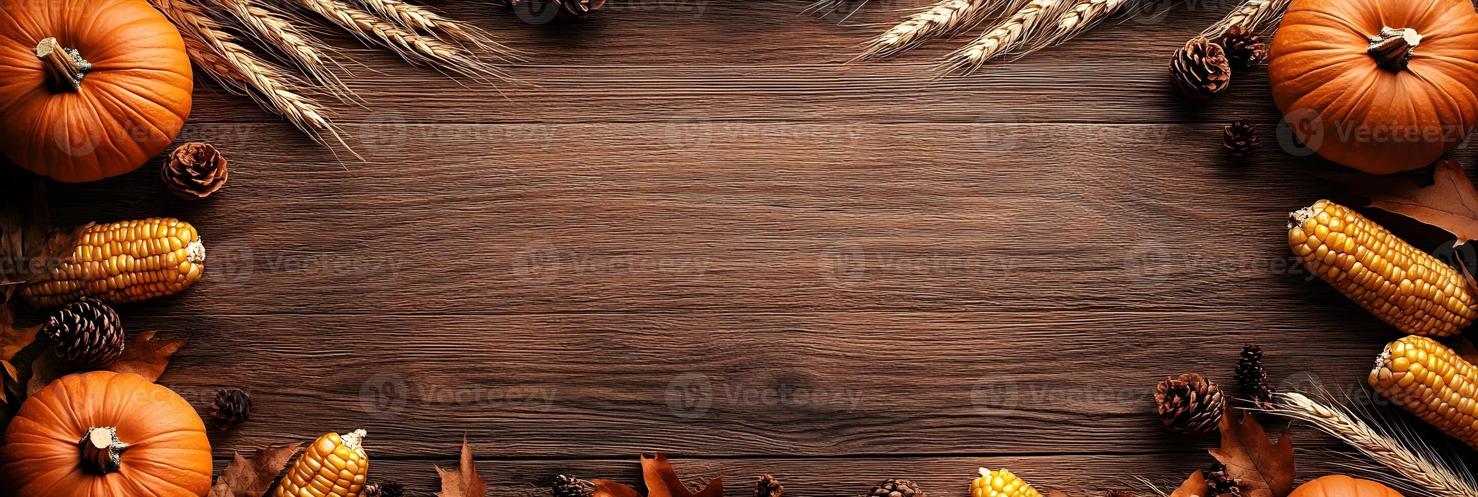 Thanksgiving Background with Pumpkins Corn Wheat and Pine Cones photo