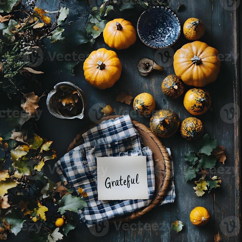 Autumn Table Setting With Pumpkins And Leaves Grateful photo