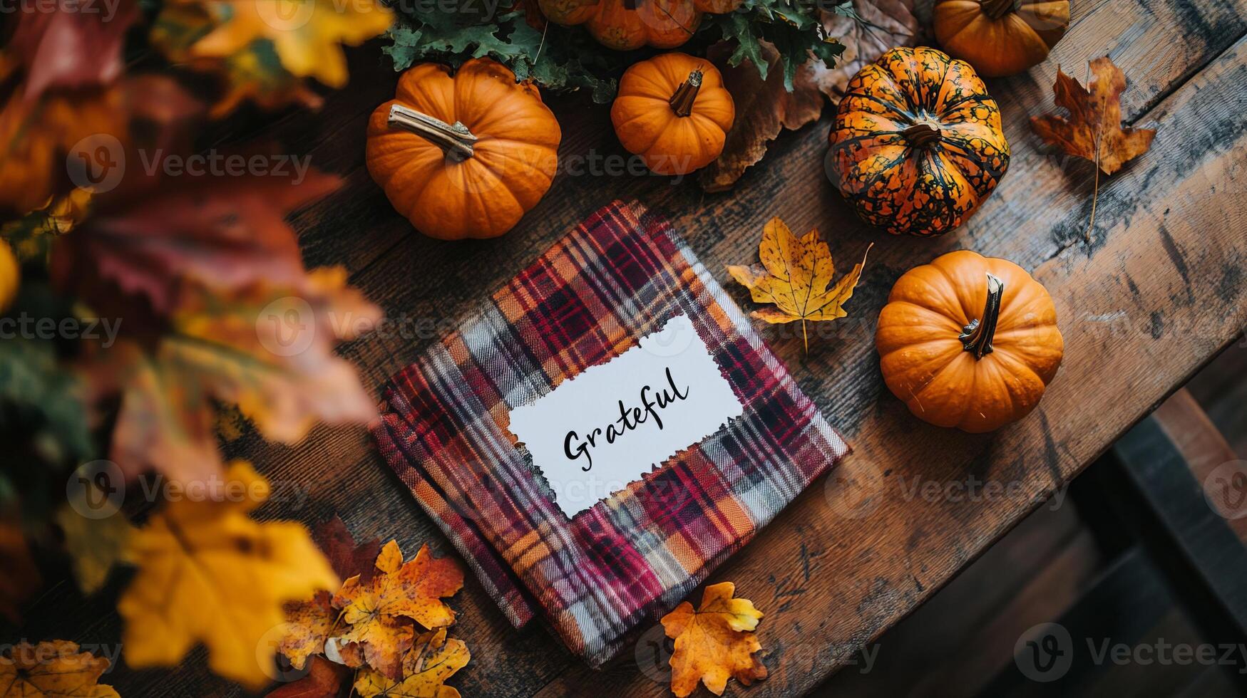 Fall Thanksgiving Table Setting with Pumpkins and Plaid Blanket photo