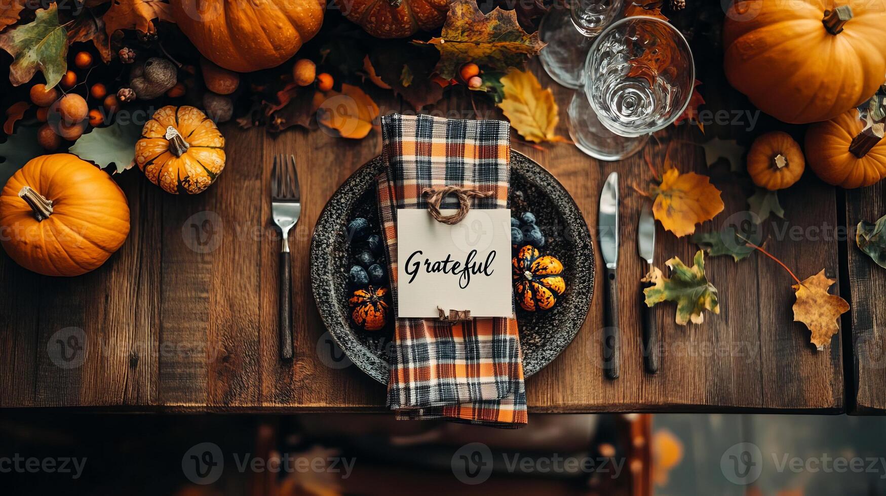 Thanksgiving Table Setting with Pumpkins Fall Leaves and Grateful Place Card photo