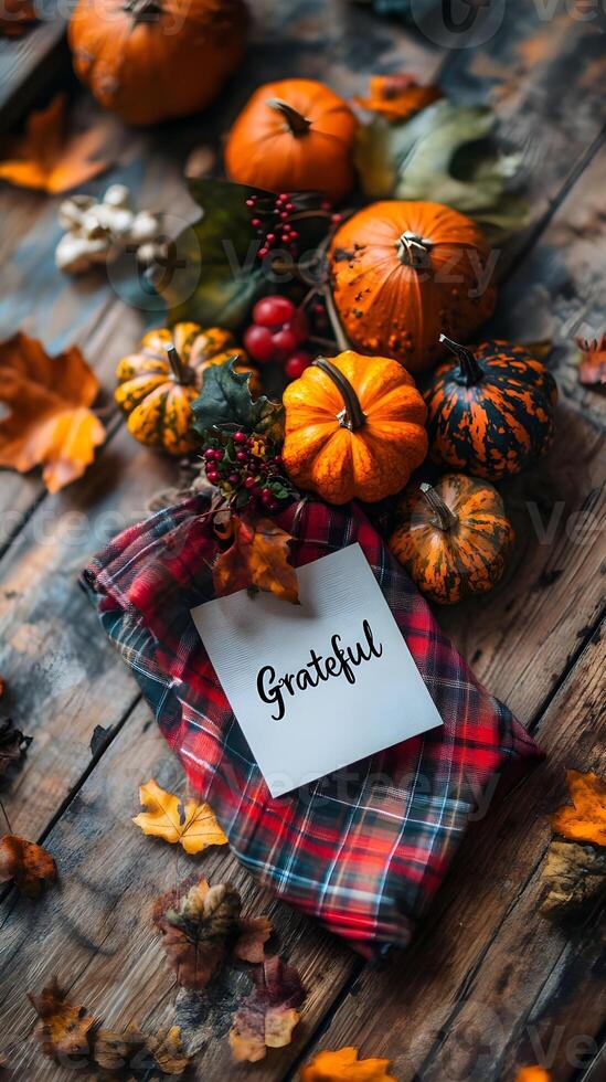 Autumn Pumpkins Plaid Fabric Grateful Note Thanksgiving Decor photo