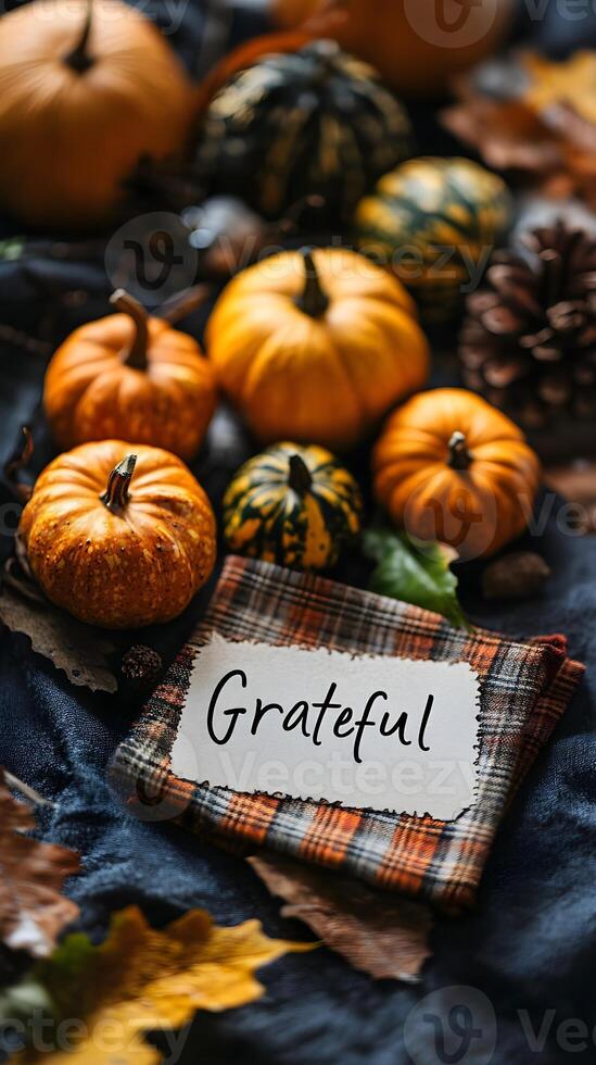 Autumn Pumpkins Fall Leaves Plaid Fabric and a Note Saying Grateful photo