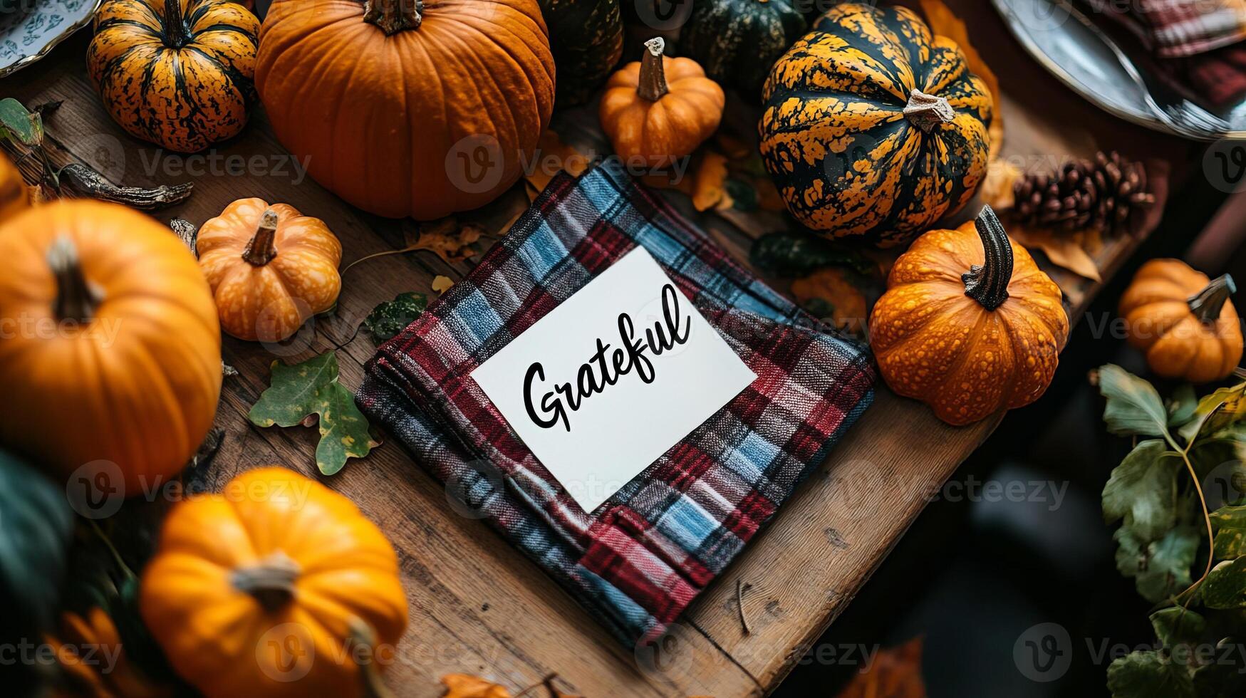 Autumn Table Setting with Pumpkins and Plaid Napkin photo