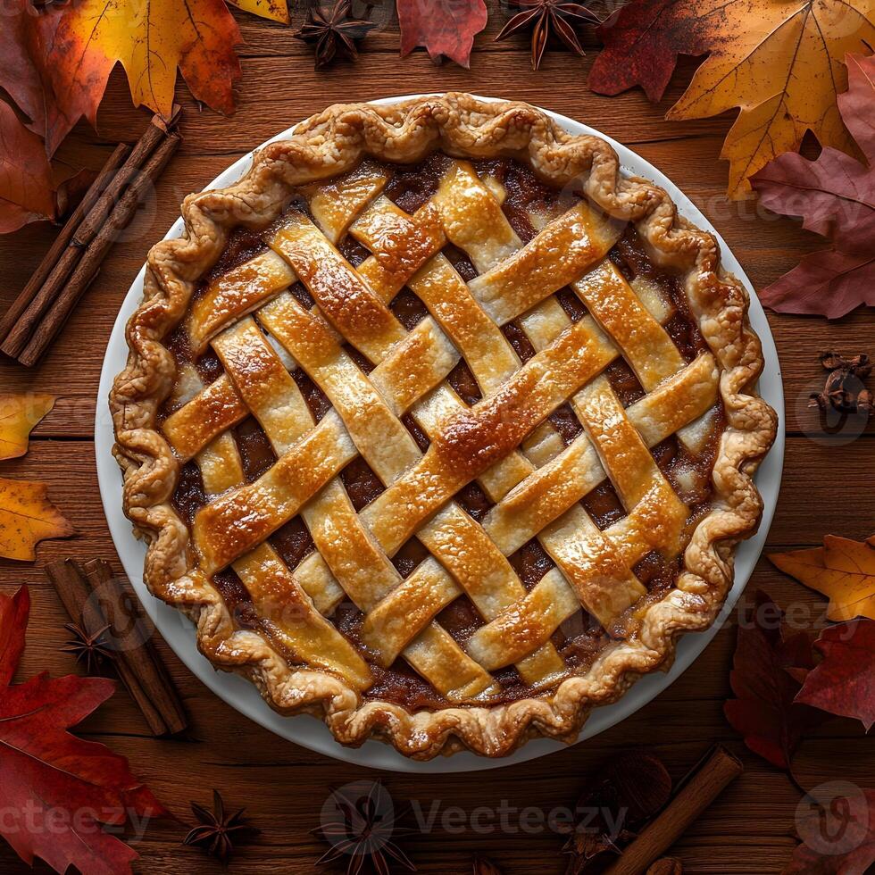 Apple Pie with Autumn Leaves and Spices photo