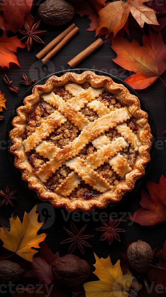Autumn Apple Pie with Cinnamon and Fall Leaves photo