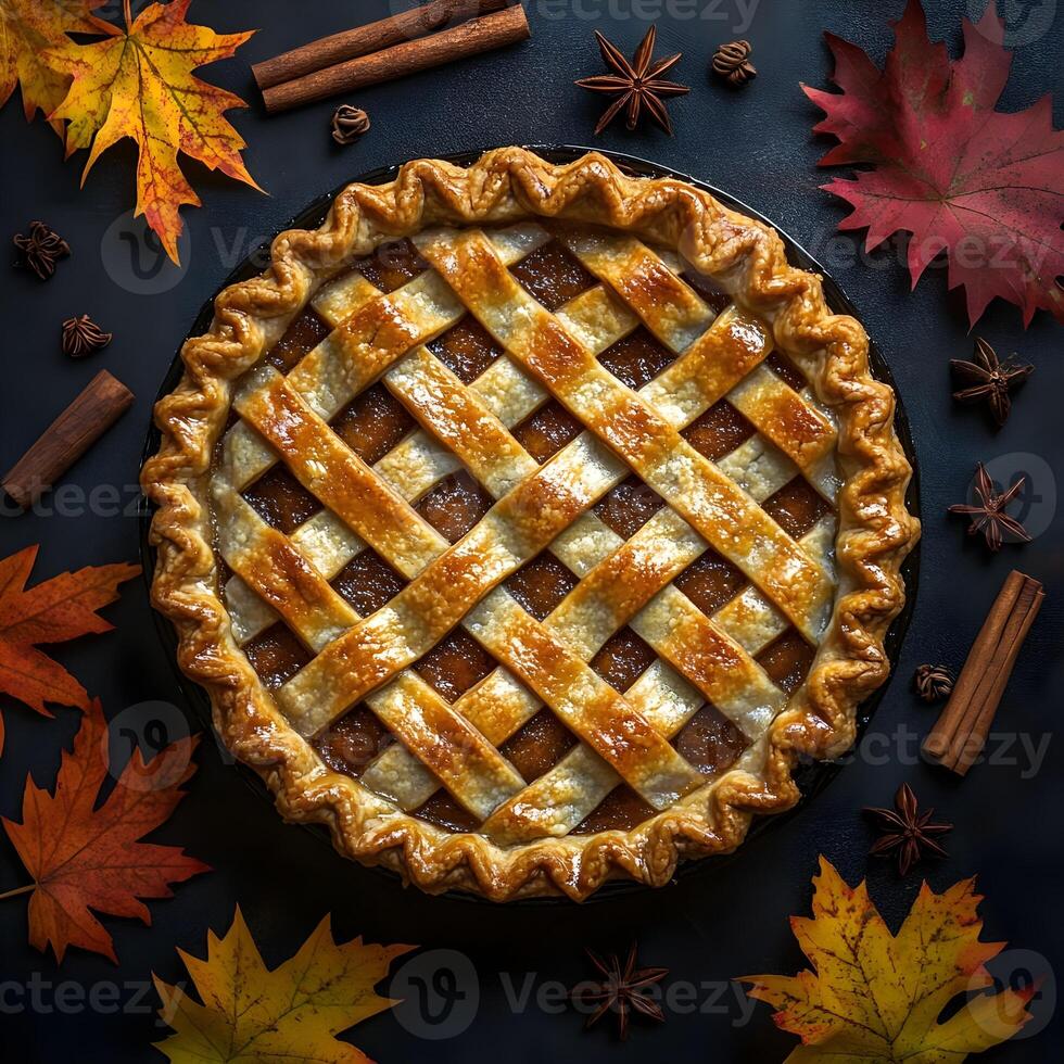 Delicious Homemade Autumn Pie with Cinnamon and Star Anise photo