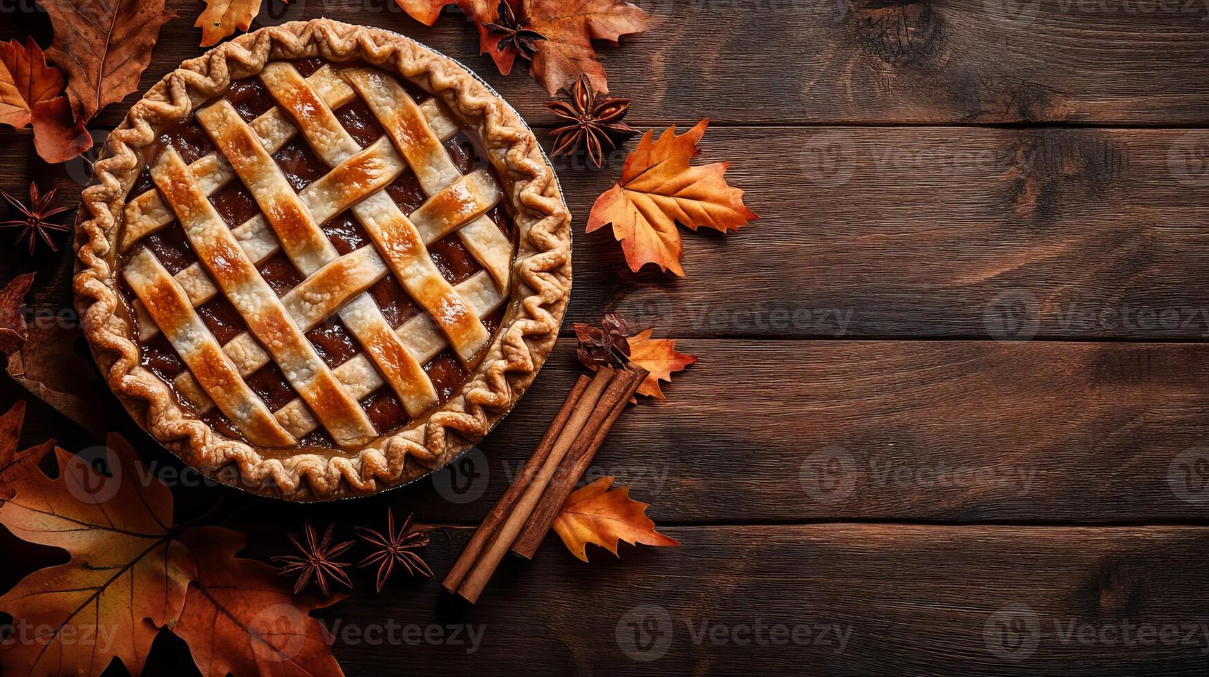 Homemade Apple Pie with Cinnamon Sticks and Autumn Leaves on Rustic Wooden Background photo