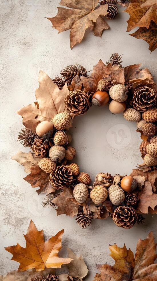 Autumn Wreath with Pine Cones Acorns and Leaves on White Background photo