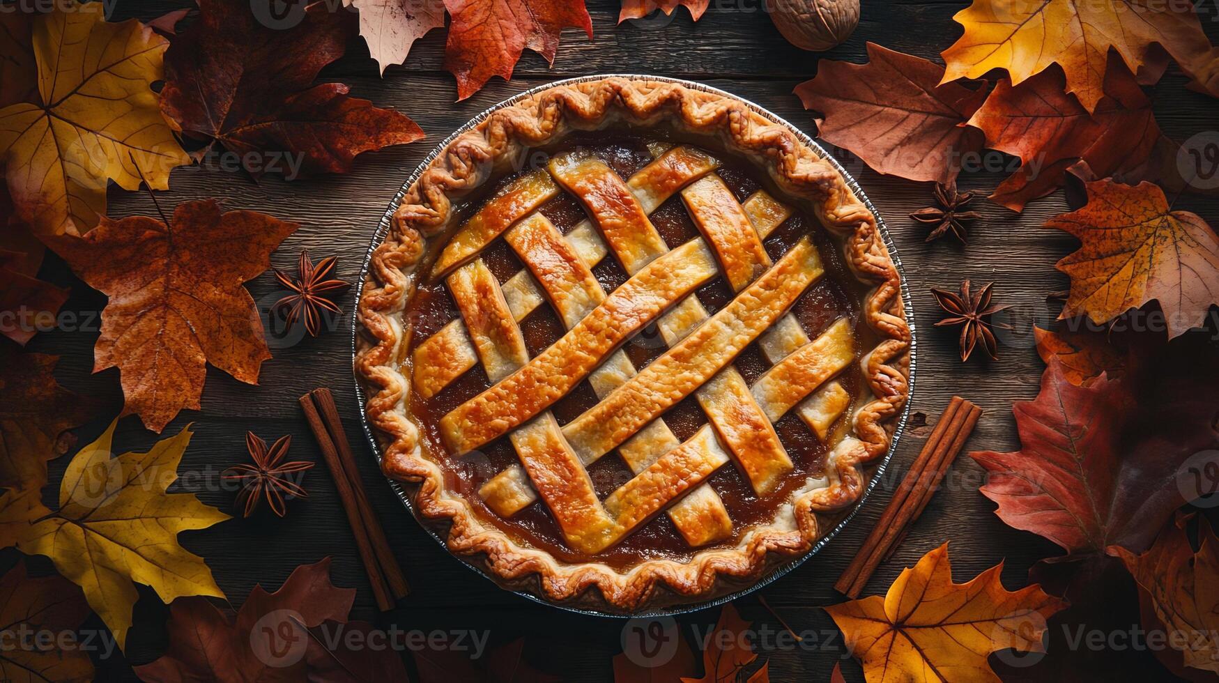 Delicious Homemade Autumn Pie with Cinnamon and Leaves photo