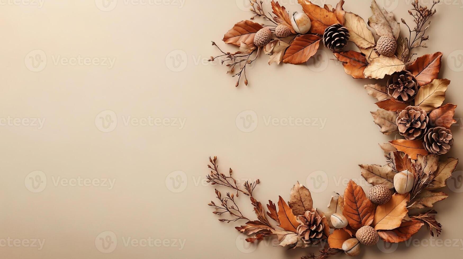 Autumn Leaves and Pine Cones on Beige Background photo