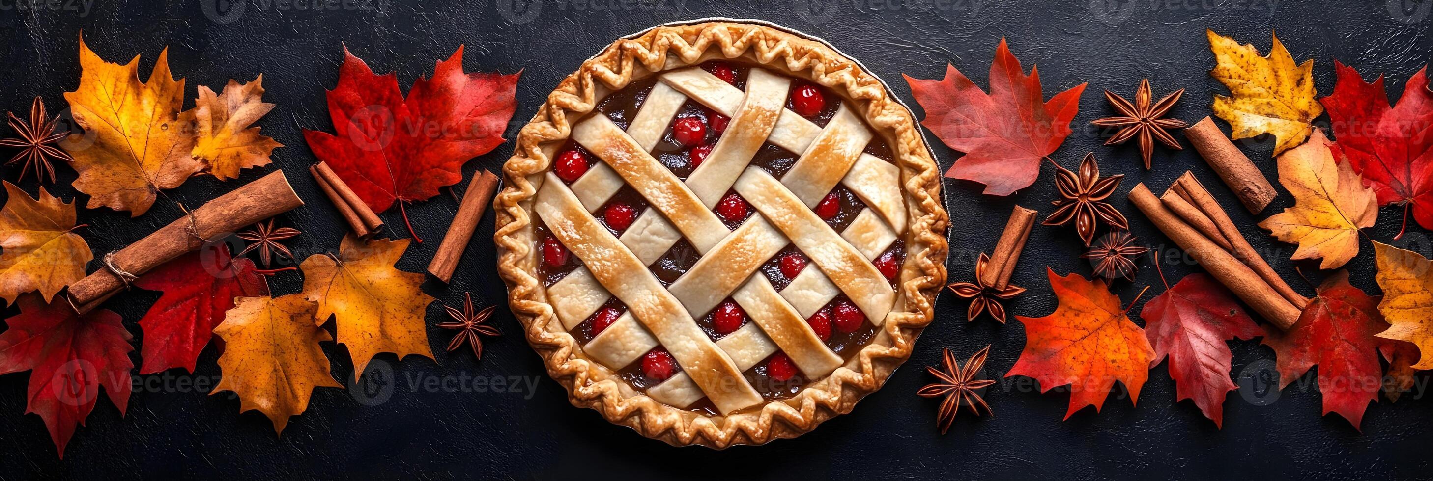 Homemade Cherry Pie with Autumn Leaves and Spices photo