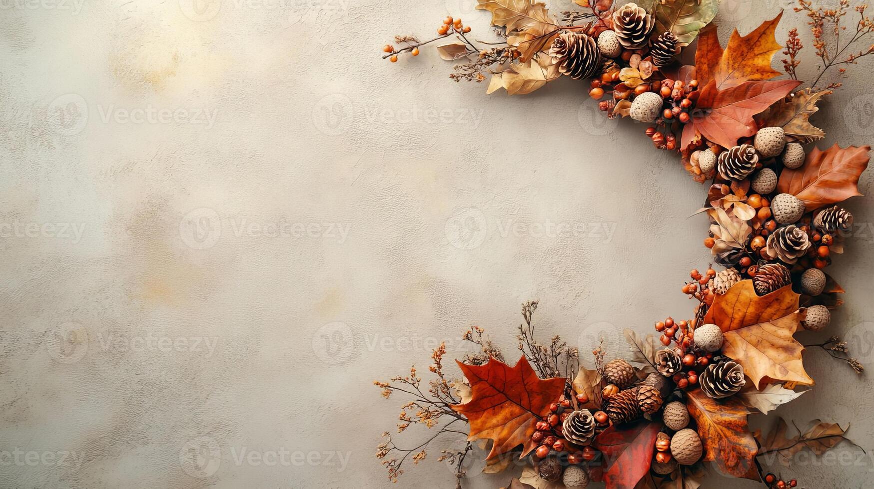 Autumnal Wreath with Fall Leaves Pine Cones and Berries on Beige Background photo